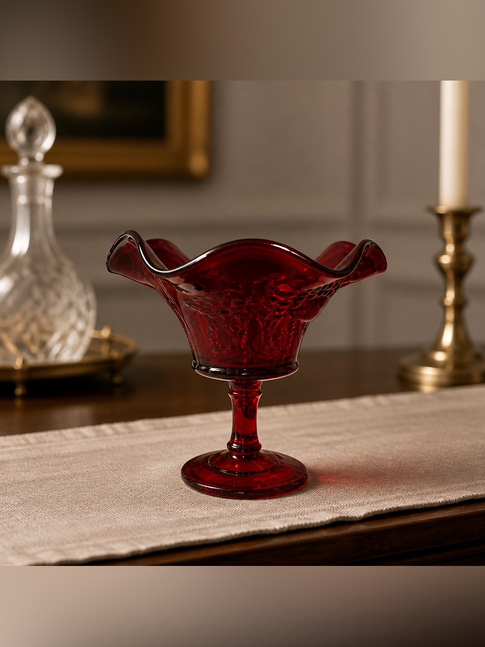 Fenton Art Glass Strawberry and Currant ruffled compote produced for L.G. Wright